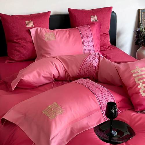 渐变色婚庆四季贡缎长绒棉四件套红色结婚现代风刺绣被套床上用品 - 图3