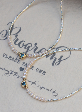 原创设计法式chic气质蓝色锆石爱心碎银子珍珠项链艺术感锁骨链女