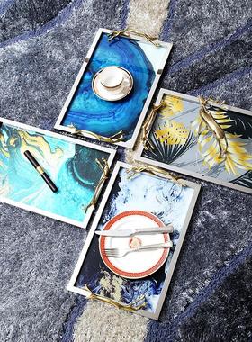 欧式简约金属玻璃托盘轻奢玛瑙摆件样板房装饰客厅茶几收纳摆件