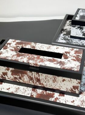 新中式仿马毛油漆纸巾盒客厅装饰收纳书房卧室摆件皮质轻奢托盘