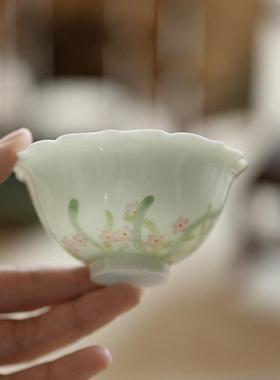 束刻古青棱花盖碗水仙并时釉下彩手工手绘泡茶茶碗陶瓷高档茶具