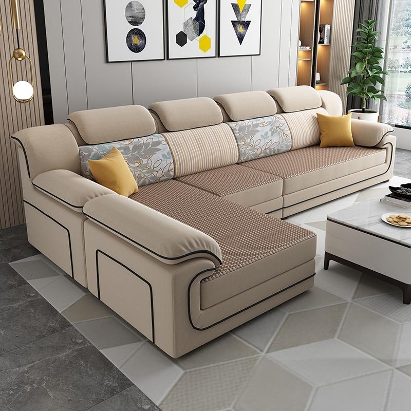 新款客厅简约现代免洗乡村冬夏凉席布艺沙发贵妃组合3.2m/3.6米 - 图0