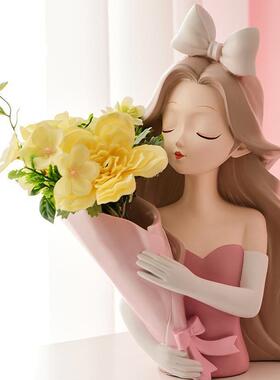 现代创意蝴蝶结女孩花瓶摆件轻奢风客厅角几边几玄关干花插花摆设