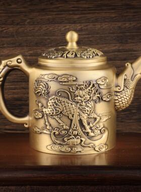 黄铜家居摆件茶具茶壶办公室摆件麒麟茶壶百福高茶壶