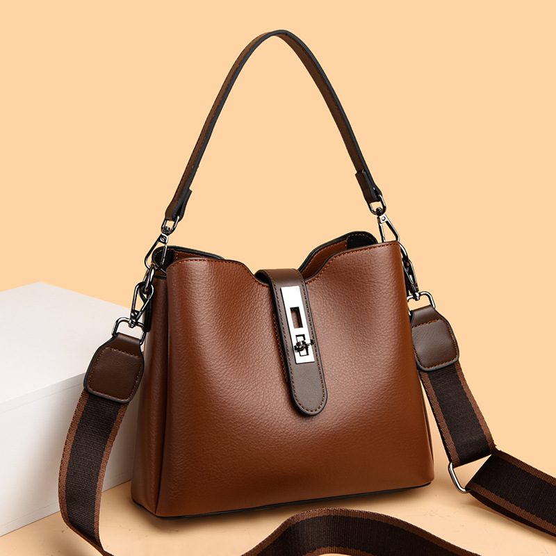 软皮水桶包时尚单肩斜挎包女士包包高级感精致多层pu大容量妈妈包 - 图1