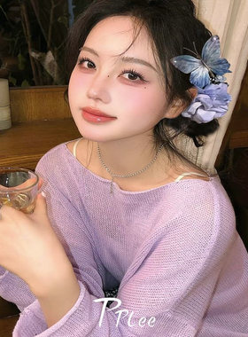 蝶恋花立体紫色蝴蝶花朵发夹森系氛围感小清新女神节气质百搭发饰