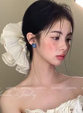 爆款芭蕾风奶油缎面蓝色条纹大肠发圈女百搭发绳扎头发橡皮筋超大