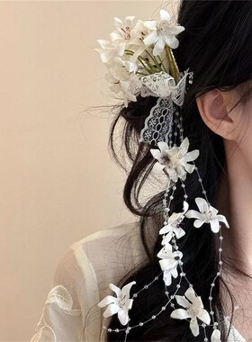 中国风花朵流苏鸭嘴夹女后脑勺盘发抓夹高级感发夹拍照头花发卡