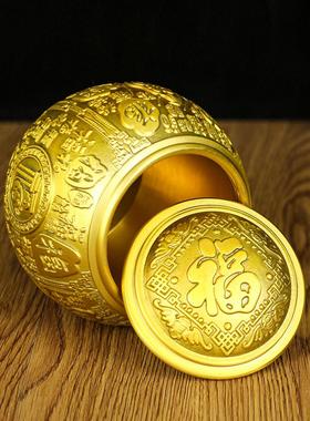 黄铜百福缸带盖黄铜米缸聚宝盆茶叶罐铜水缸存钱罐精致客厅装饰品