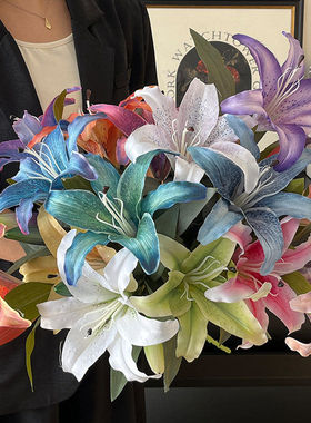 3D秋色油画仿真百合一花一蕾支假花婚庆酒店装饰摆设场景花材