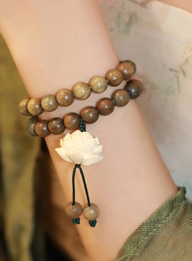 普陀山天然绿檀木手串女生好运莲莲花国风盘玩檀香佛珠转运珠手链