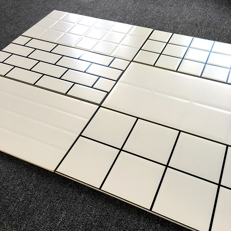 北欧卫生间瓷砖凹凸哑光方块格子砖白色黑线厨房卫浴墙砖300x600-图0
