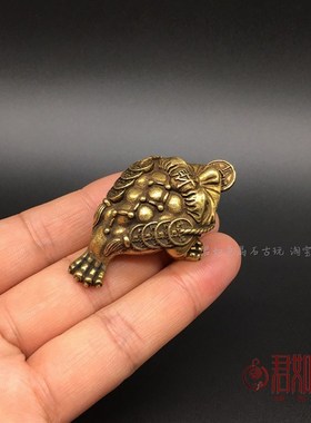 实心黄铜招财金蟾摆件招财铜钱钱串小金蟾手把件铜艺包浆铜器