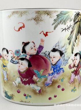 景德镇粉彩婴戏图桃创意陶瓷器鱼缸云静晚天童子摘桃盆家居可制定