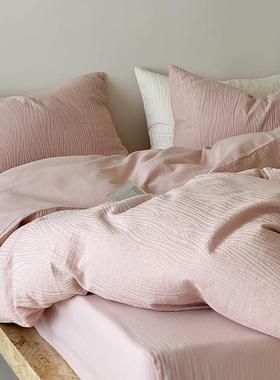 A类全棉提花肌理高级感四件套简约纯色纯棉床品民宿慵懒被套裸睡