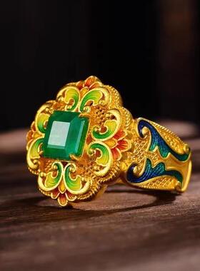 古法传承宫廷风金色镶嵌珐琅春满园戒指显气质高级感古老感百搭