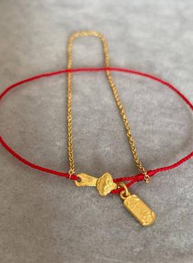 虎年黄金色平安喜乐牌小如意红色绳脚链百搭简约文艺送女友气质款