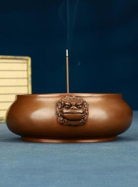 紫铜香炉摆件工艺品铜器狮首耳圈足炉香道香具