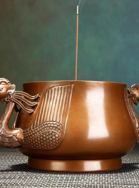 紫铜双凤香炉摆件工艺品客厅摆设家居装饰品