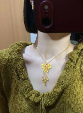 古法拉丝蝴蝶贝珠项链新中式宫廷风珐琅流苏吊坠复古轻奢高级感