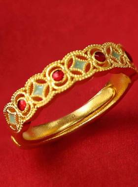 古法黄金色仿珐琅彩戒指铜钱纹活口精致小众设计高级感女戒送女友