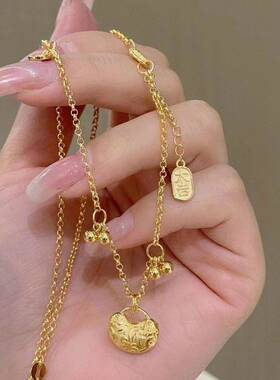 黄金色复古大吉大利古法锁包项链鏨刻工艺精致气质百搭高级感套链