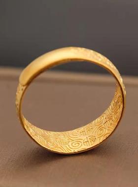 古法黄金色牡丹花戒指活口小众设计复古宫廷手饰百搭雕刻福字饰品