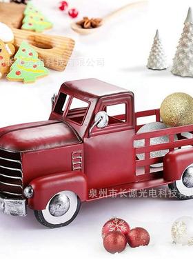 爆款复古怀旧汽车铁艺模型摆件红色老爷车金属工艺品卡车装饰合金