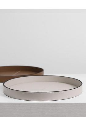 极简现代米色橘色几何圆形托盘高档皮质收纳盘样板间装饰品摆件