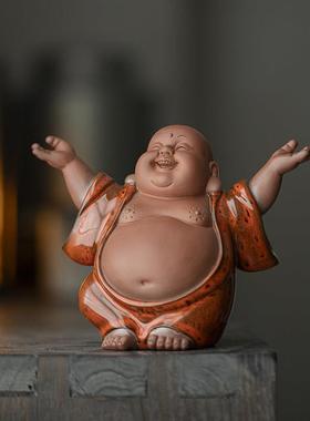 可爱大肚弥勒佛陶瓷摆饰开 心笑佛禅意茶室客厅招财佛像装饰品摆