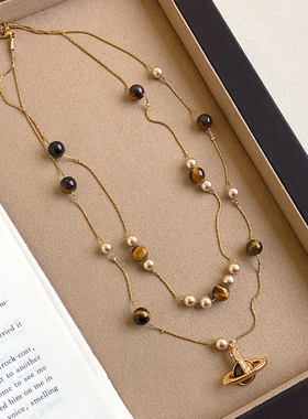 星球虎眼石珍珠双层叠戴项链女