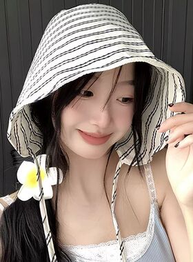 条纹系带大檐防晒显脸小渔夫帽女