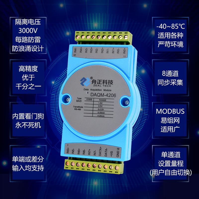 模拟量采集模块4到20ma转rs485modbus电流电压输入隔离DAQM-4206 - 图0