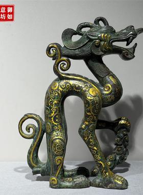 黑龙江彷古青铜器金代铜坐龙错金铜龙古典家居装饰工艺品纯铜摆件