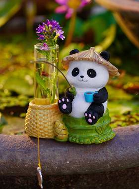 原创熊猫钓鱼小花瓶流水鱼池古法鱼缸办公桌面客厅水族箱装饰摆件