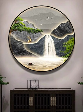 新中式玄关装饰画圆形带灯大气
