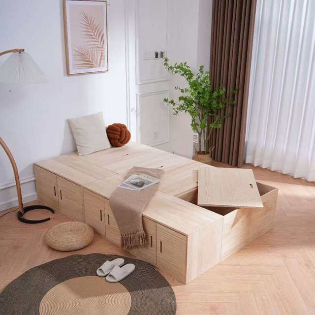 Free combination rectangular storage cabinet box seat flap type durable tatami solid wood storage bed wooden box