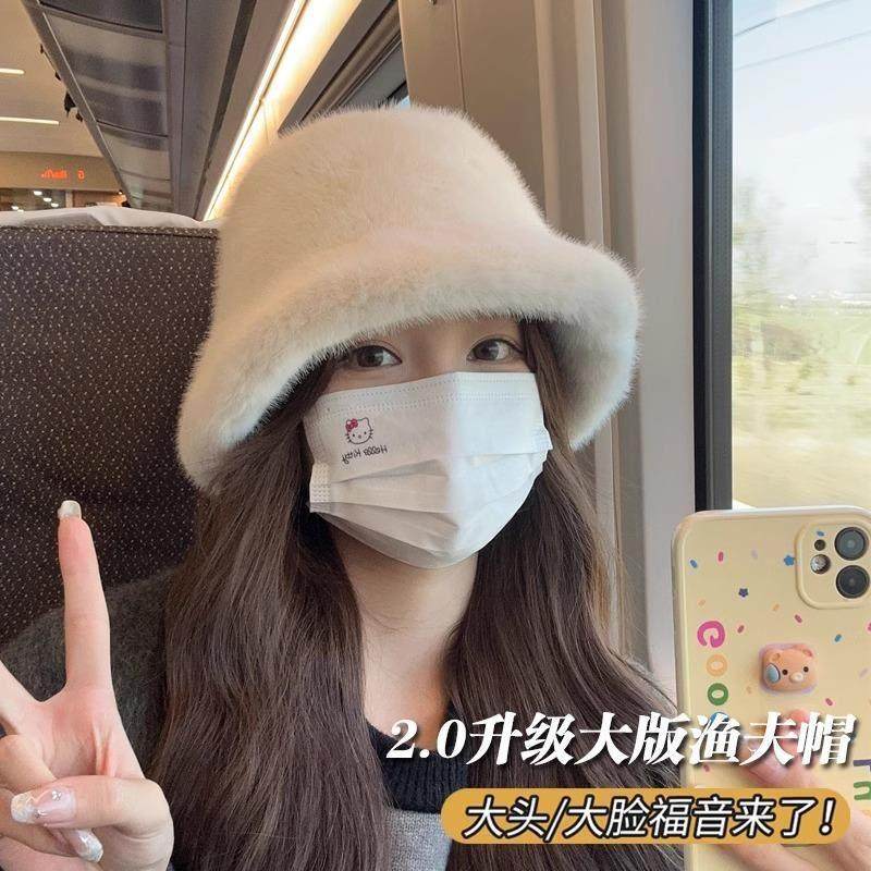 大头围白色毛绒渔夫帽子女秋冬素颜遮脸盆帽大尺码大号毛茸茸水桶,淘宝优惠券,粉丝福利购,淘宝优惠卷