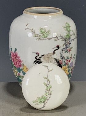 速发瓷器古彩老松旧货杂项收藏  玩玉底款粉玩货鹤迎春茶叶盖罐摆