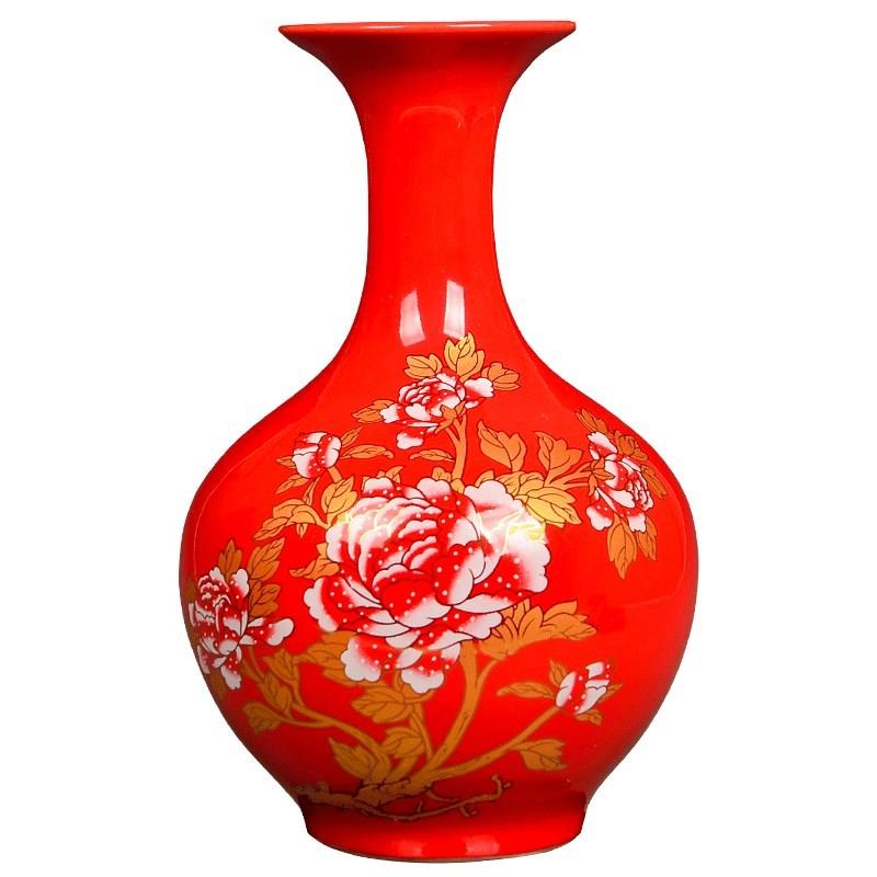 景德镇陶瓷器中国红色花瓶插花器家居客厅小瓷瓶摆件结婚装饰品 - 图0