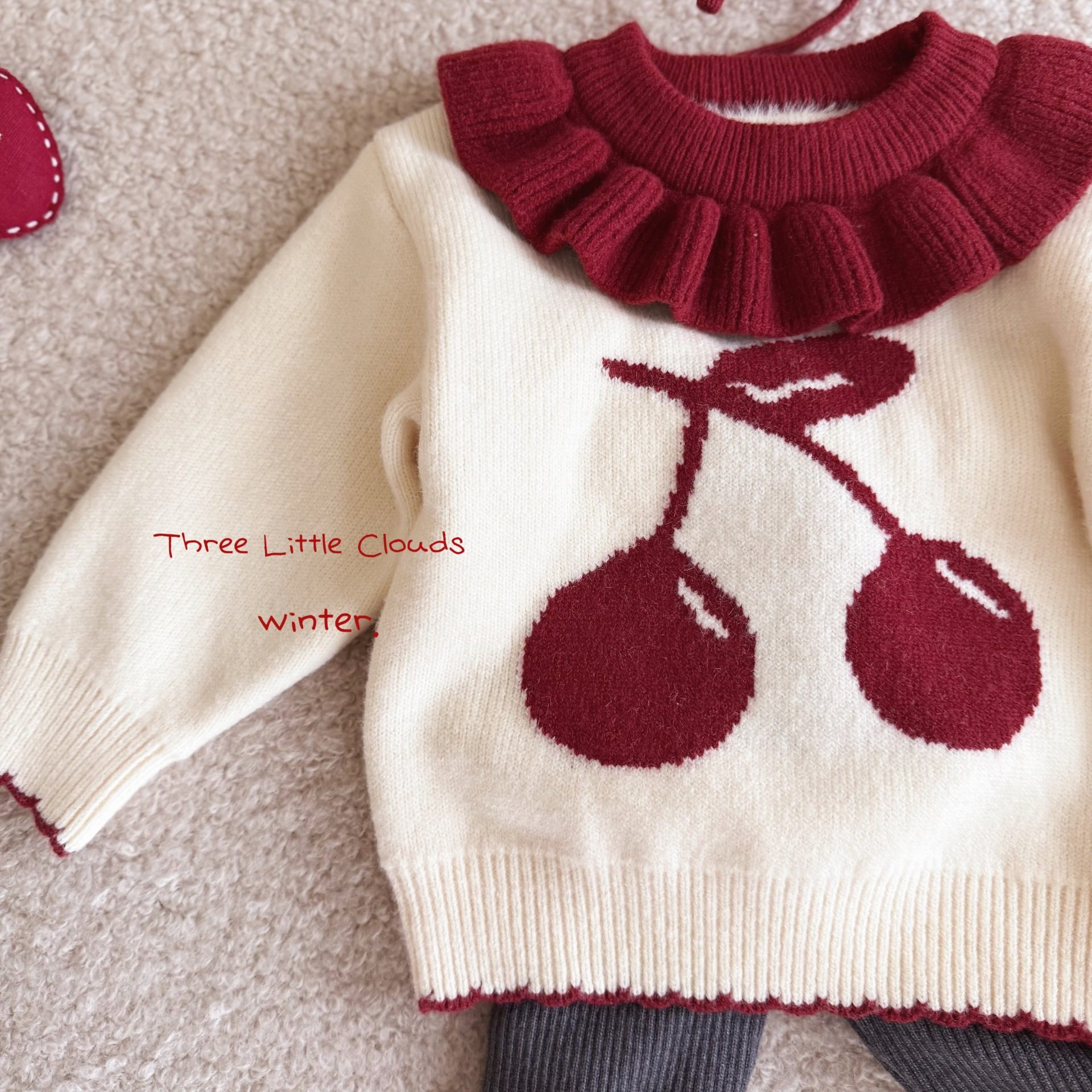 婴幼儿秋冬新款加绒樱桃毛衣加厚拼接裤子两件套装女童保暖针织衫,淘宝优惠券,粉丝福利购,淘宝优惠卷