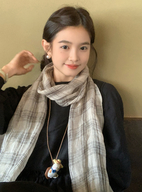 【我的脸很圆】文艺少女格纹长条系脖丝巾秋季薄款温柔感围巾围脖