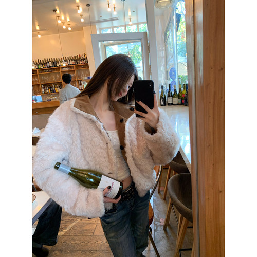 牙套大汪【新贵千金】棕立领设计短款防风保暖正反两穿仿毛绒外套 - 图1