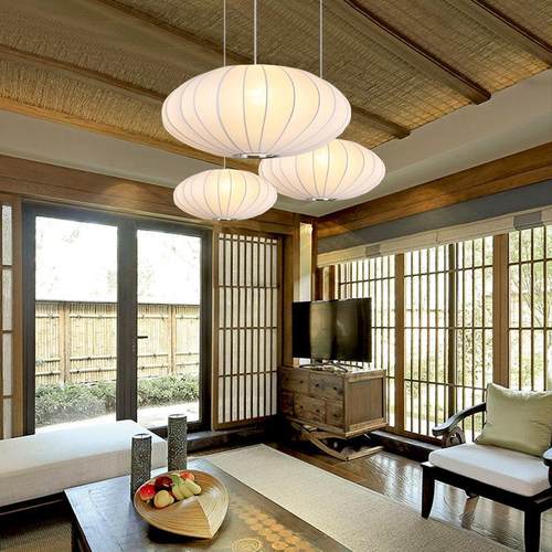 新中式弹力布艺吊灯创意圆球灯三头简约卧室吧台餐饮日式个性灯笼 - 图1