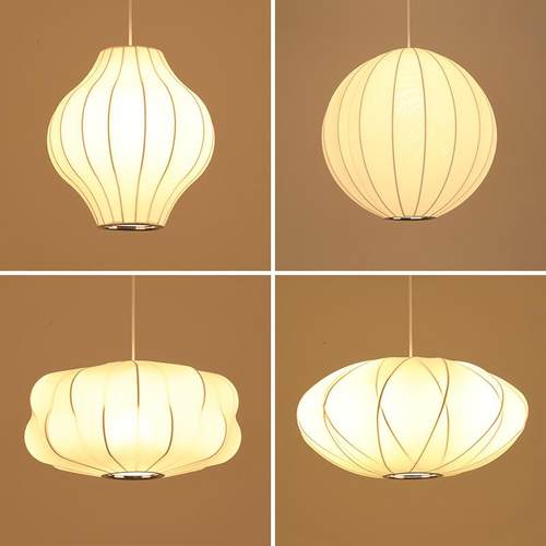 新中式弹力布艺吊灯创意圆球灯三头简约卧室吧台餐饮日式个性灯笼 - 图0