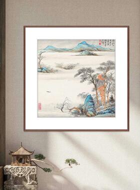 斗方画茶室禅意古风挂画青绿山水入户玄关餐厅双联卡纸正方形挂画
