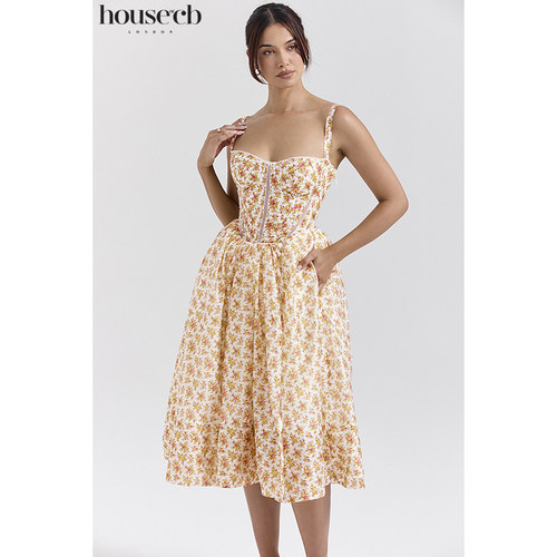 House of CB 度假风休闲玫瑰印花束身中长连衣裙Kelly - 图0