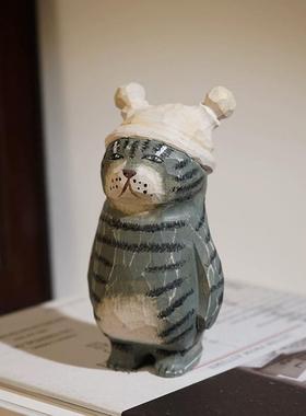 复古创意木雕猫咪个性桌面摆件手工雕刻工艺品书房办公室造景装饰