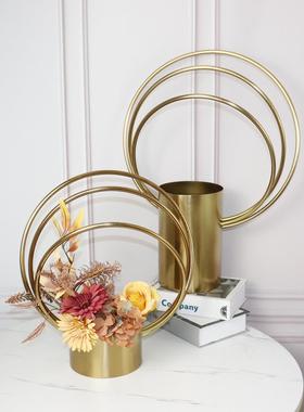 轻奢美式台面花器酒店别墅样板房电镀铜色金属装饰品摆件