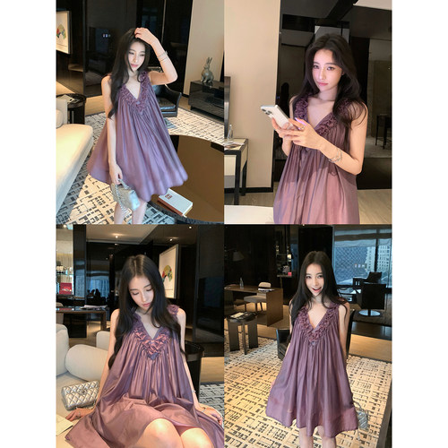 吴太甜 天丝蕾丝拼接裱花V领背心裙女度假风a字裙无袖阔摆连衣裙 - 图1